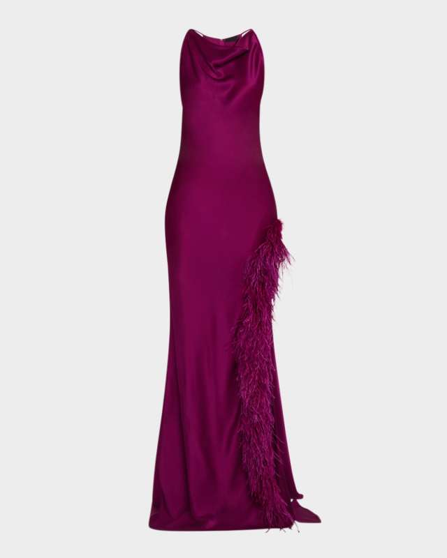 Feather Slit Satin Halter Gown